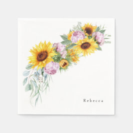 Waterverf roze pioenen & zonnebloem Vrijgezellenfe Servet