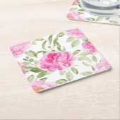 Waterverf  Roze Pioenenpatroon Kartonnen Onderzetters (Schuin)