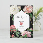 Waterverf Roze Pioenrozen Bloemen Bruiloft Zwart Bedankkaart (Staand voorkant)