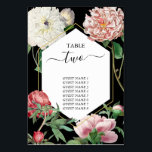 Waterverf Roze Pioenrozen Bloemen Bruiloft Zwart Kaart<br><div class="desc">Een mooie waterverf roze en witte pioenen bloeien bruiloft ontwerp met gouden geometrische lijst op een zwarte achtergrond. Een uniek ontwerp dat gebruik maakt van botanische pioenbloemen in roze en witte kleurtinten. Een elegante roze en witte pioenrozen bloemmotief met een vleugje groen. Een chique gouden geometrisch lijst trouwtafel nummer ontwerp...</div>