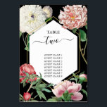 Waterverf Roze Pioenrozen Bloemen Bruiloft Zwart Kaart<br><div class="desc">Een mooie waterverf roze en witte pioenen bloeien bruiloft ontwerp met gouden geometrische lijst op een zwarte achtergrond. Een uniek ontwerp dat gebruik maakt van botanische pioenbloemen in roze en witte kleurtinten. Een elegante roze en witte pioenrozen bloemmotief met een vleugje groen. Een chique gouden geometrisch lijst trouwtafel nummer ontwerp...</div>