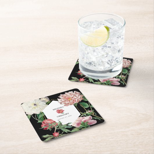 Waterverf Roze Pioenrozen Bloemen Bruiloft Zwart Kartonnen Onderzetters (Insitu)