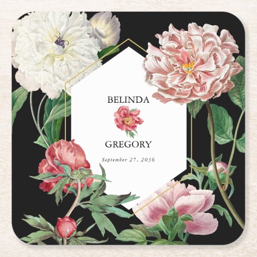 Waterverf Roze Pioenrozen Bloemen Bruiloft Zwart Kartonnen Onderzetters (Voorkant)