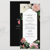 Waterverf Roze Pioenrozen Bloemen Bruiloft Zwart Menu (Voorkant / Achterkant)
