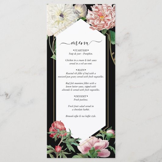 Waterverf Roze Pioenrozen Bloemen Bruiloft Zwart Menu (Voorkant)