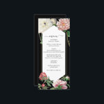 Waterverf Roze Pioenrozen Bloemen Bruiloft Zwart Menu<br><div class="desc">Een mooie waterverf roze en witte pioenen bloeien bruiloft ontwerp met gouden geometrische lijst op een zwarte achtergrond. Een uniek ontwerp dat gebruik maakt van botanische pioenbloemen in roze en witte kleurtinten. Een elegante roze en witte pioenrozen bloemmotief met een vleugje groen. Een chique gouden geometrisch lijst bruiloft menukaart ontwerp...</div>