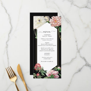 Waterverf Roze Pioenrozen Bloemen Bruiloft Zwart Menu