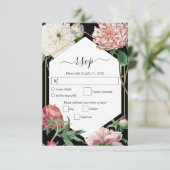 Waterverf Roze Pioenrozen Bloemen Bruiloft Zwart RSVP Kaartje (Staand voorkant)