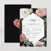 Waterverf Roze Pioenrozen Bloemen Bruiloft Zwart RSVP Kaartje (Voorkant / Achterkant)