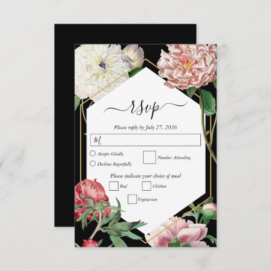 Waterverf Roze Pioenrozen Bloemen Bruiloft Zwart RSVP Kaartje (Voorkant / Achterkant)
