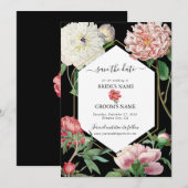 Waterverf Roze Pioenrozen Bloemen Bruiloft Zwart Save The Date (Voorkant / Achterkant)