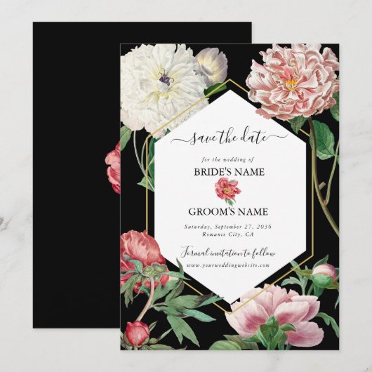 Waterverf Roze Pioenrozen Bloemen Bruiloft Zwart Save The Date (Voorkant / Achterkant)