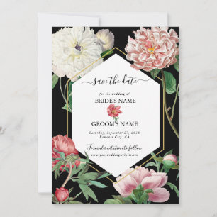 Waterverf Roze Pioenrozen Bloemen Bruiloft Zwart Save The Date