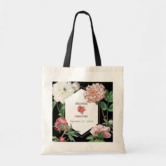 Waterverf Roze Pioenrozen Bloemen Bruiloft Zwart Tote Bag (Voorkant)