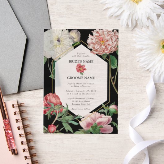 Waterverf Roze Pioenrozen Bloemen Bruiloft Zwart Vellum Uitnodigingen (Huwelijk)