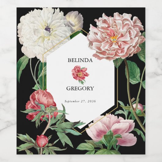 Waterverf Roze Pioenrozen Bloemen Bruiloft Zwart Wijn Etiket (Enkel label)