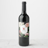 Waterverf Roze Pioenrozen Bloemen Bruiloft Zwart Wijn Etiket (Voorkant)