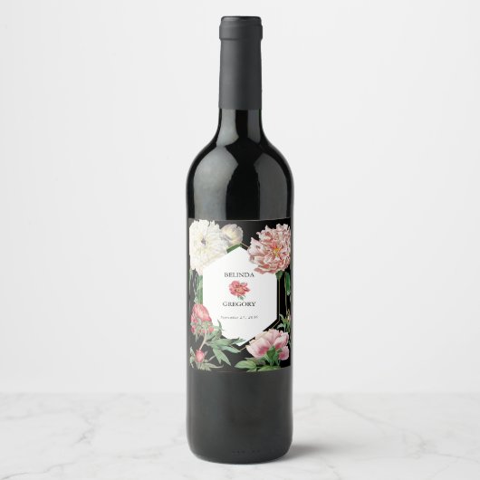 Waterverf Roze Pioenrozen Bloemen Bruiloft Zwart Wijn Etiket (Voorkant)