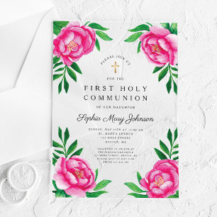 Waterverf Roze Pioenrozen Eerste Communie Acryl Uitnodigingen
