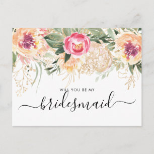 Waterverf Roze Pioenrozen Wil Je Mijn Bruidsmeisje Briefkaart