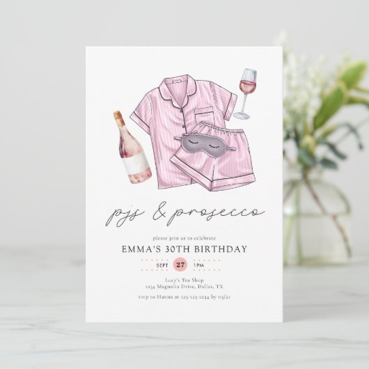 Waterverf Roze PJs & Prosecco Verjaardagsfeestje Kaart (Staand voorkant)