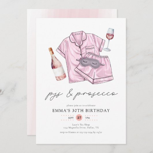 Waterverf Roze PJs & Prosecco Verjaardagsfeestje Kaart (Voorkant / Achterkant)