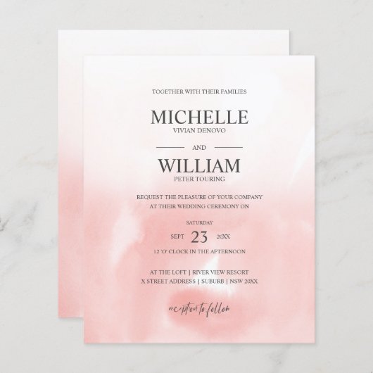 Waterverf Roze Plain Elegant Budget Bruiloft (Voorkant / Achterkant)