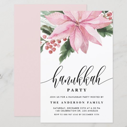Waterverf Roze Poinsettia Chanoeka Uitnodiging (Voorkant / Achterkant)
