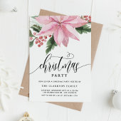 Waterverf Roze Poinsettia Holly Kerstfeest Kaart