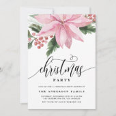 Waterverf Roze Poinsettia Holly Kerstfeest Kaart (Voorkant)