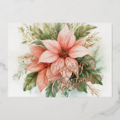 Waterverf Roze Poinsettia Kerst Folie Feestdagenkaart (Voorkant)