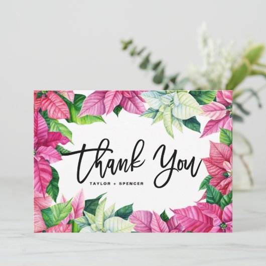 Waterverf Roze Poinsettia Kerstbruiloft Bedankkaart (Staand voorkant)