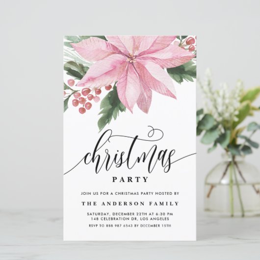 Waterverf Roze Poinsettia Kerstuitnodiging (Staand voorkant)