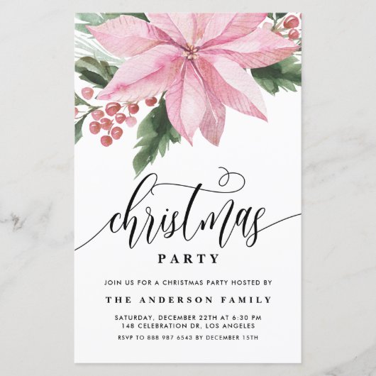 Waterverf Roze Poinsettia Kerstuitnodiging (Voorkant)