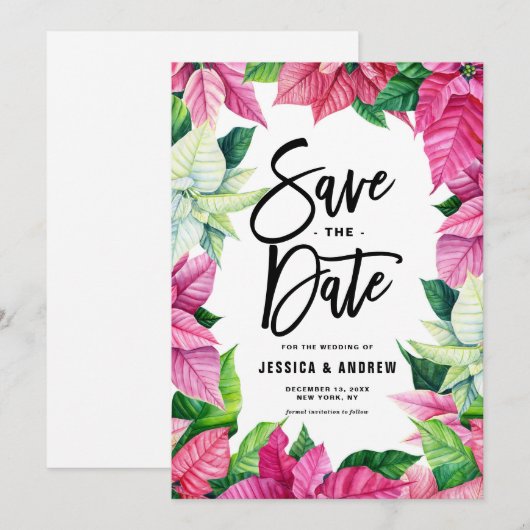 Waterverf Roze Poinsettia Krans Winter Save The Date (Voorkant / Achterkant)