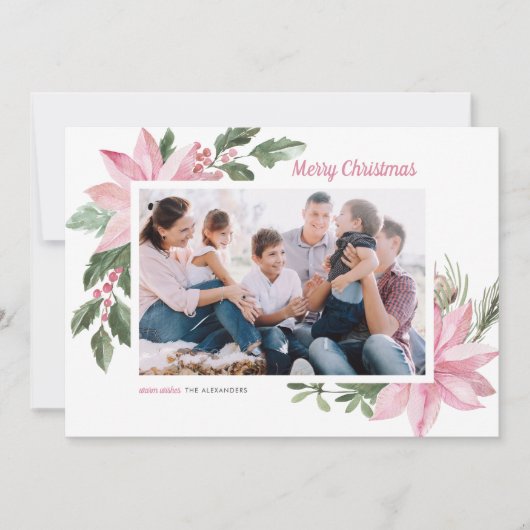 Waterverf Roze Poinsettia Vrolijk Kerstfeest Foto Feestdagenkaart (Voorkant)