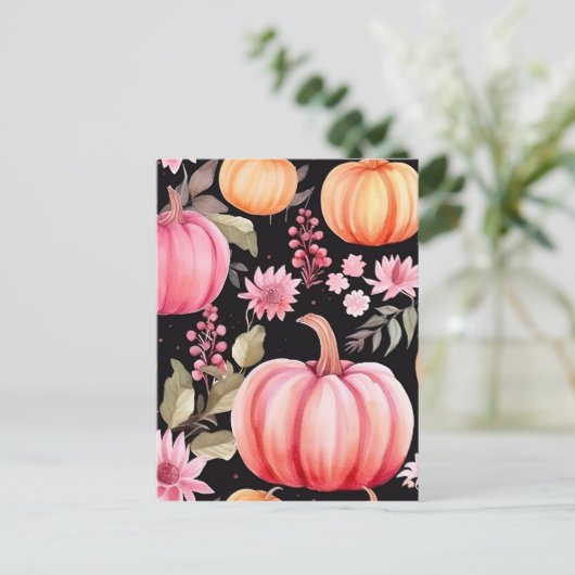 Waterverf Roze pomkin Floral Pattern Feestdagenkaart (Staand voorkant)