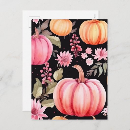 Waterverf Roze pomkin Floral Pattern Feestdagenkaart (Voorkant / Achterkant)