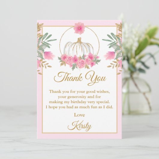 Waterverf Roze pomkin Gold Glitter Birthday Bedankkaart (Staand voorkant)