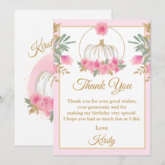 Waterverf Roze pomkin Gold Glitter Birthday Bedankkaart (Voorkant / Achterkant)