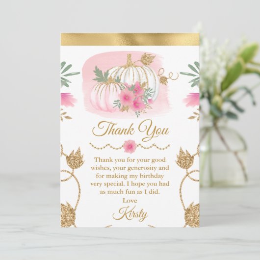 Waterverf Roze pomkin Gold Glitter Birthday Bedankkaart (Staand voorkant)
