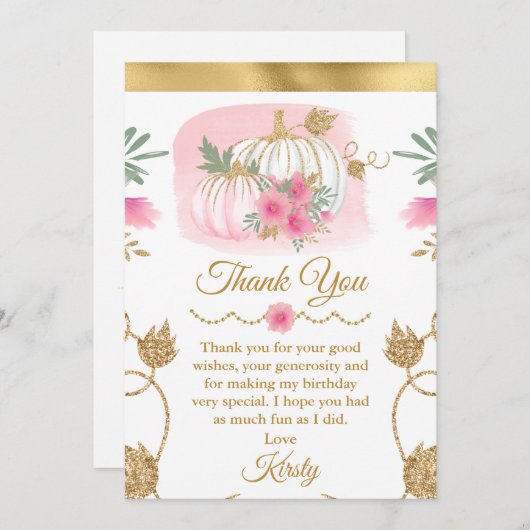 Waterverf Roze pomkin Gold Glitter Birthday Bedankkaart (Voorkant / Achterkant)