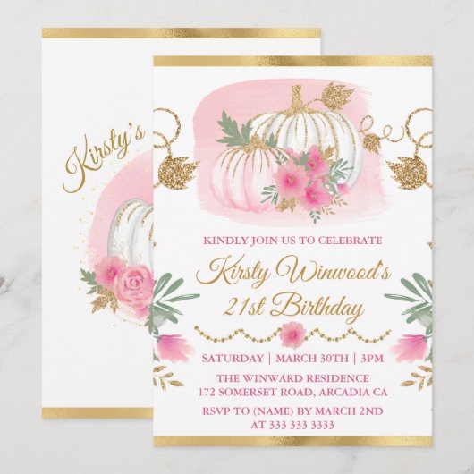 Waterverf Roze pomkin Gold Glitter Birthday Kaart (Voorkant / Achterkant)