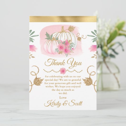 Waterverf Roze pomkin Gold Glitter Hartelijk dank Bedankkaart (Staand voorkant)