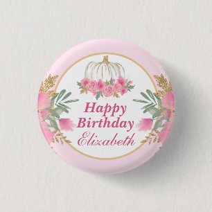 Waterverf Roze pomkin Gold Happy Birthday Ronde Button 3,2 Cm