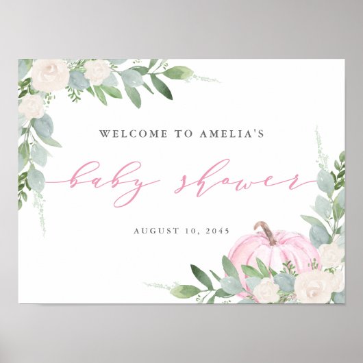 Waterverf Roze pomkin Herfst Baby shower Welkom Poster (Voorkant)