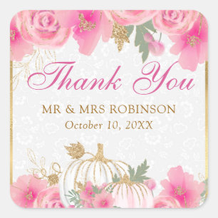 Waterverf Roze Pompoen Bloemen Goud Folie Bruiloft Vierkante Sticker