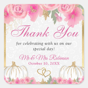 Waterverf Roze Pompoen Bloemen Goud Folie Bruiloft Vierkante Sticker