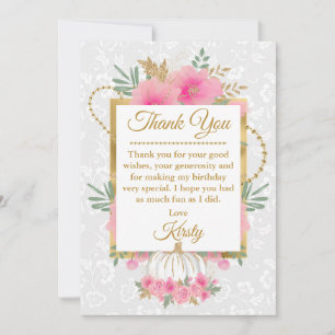 Waterverf Roze Pompoen Bloemen Goud Folie Sweet 16 Bedankkaart