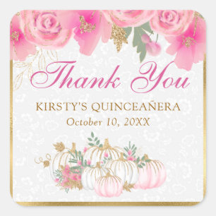 Waterverf Roze Pompoen Bloemen Goud Quinceanera Vierkante Sticker